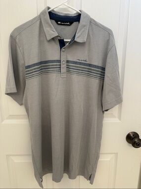 Travis Mathew Light Gray Polo with Navy Stripe Accents
